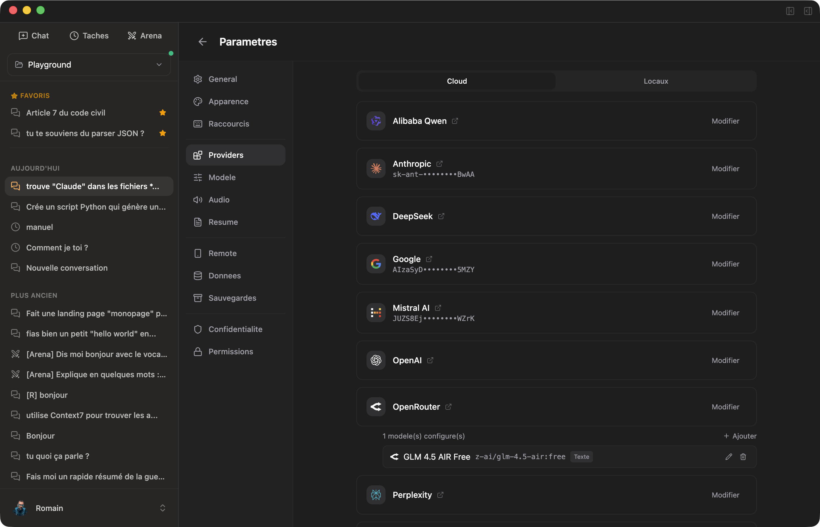 Configuration des 11 providers IA dans Cruchot
